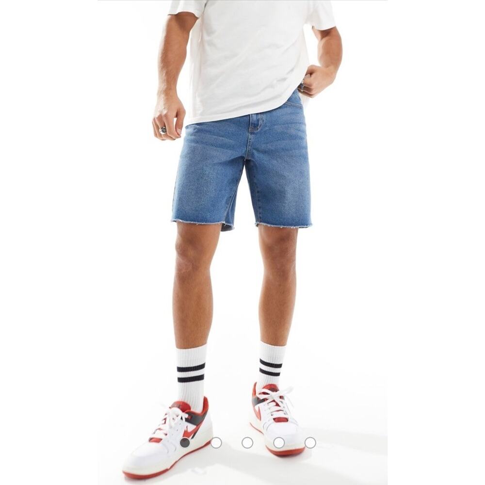 ASOS ADPT Cut Off Jean Shorts Wide Fit Mid Wash Denim Mens Size XS (29)